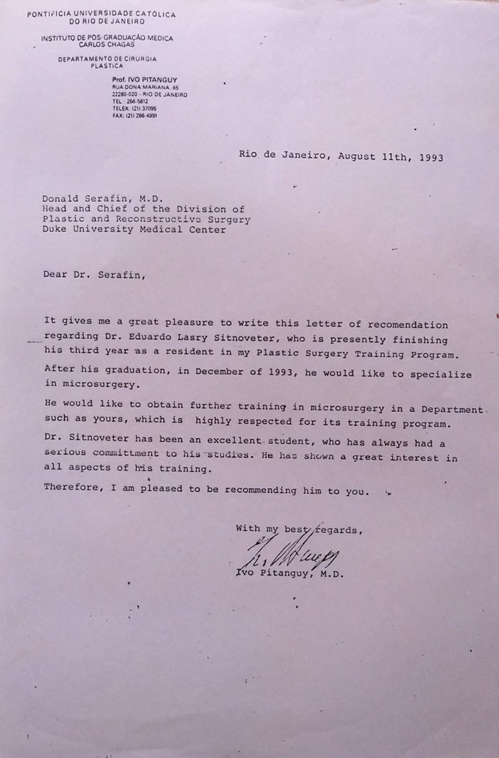 Carta de recomendação do Professor Ivo Pitanguy do Eduardo Sitnoveter.